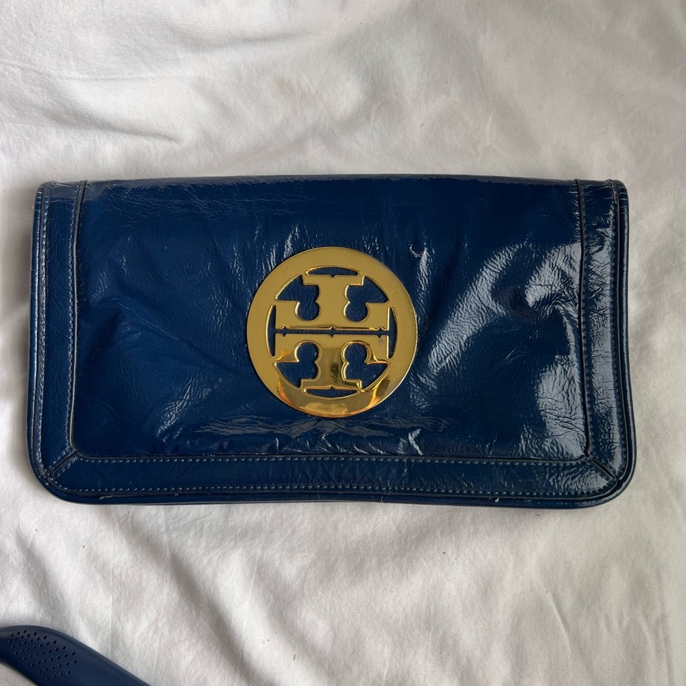 Tory Burch Blue and Gold Leather Clutch, Fair condition